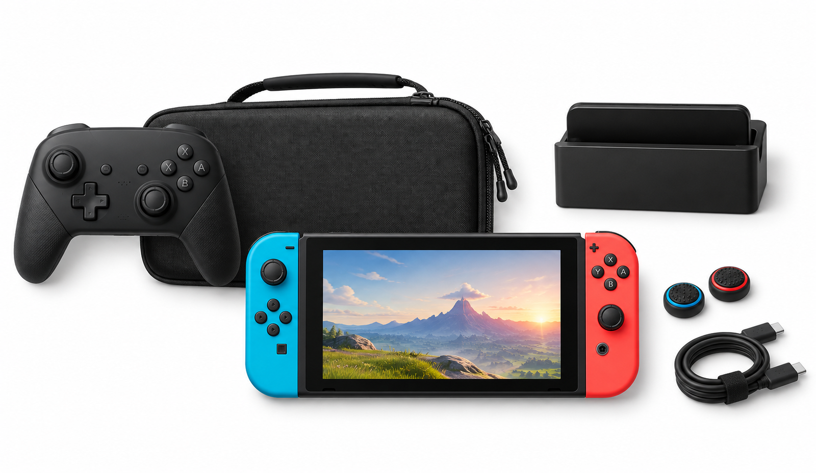 Nintendo Switch accessories including controllers, case and charging dock