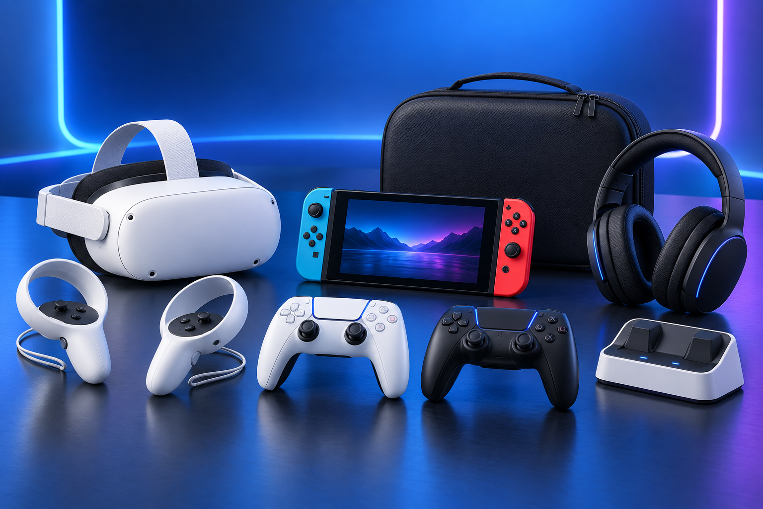 Handpicked gaming accessories including a VR headset, handheld console, controllers, gaming headset, charging dock and carrying case