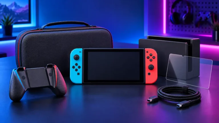 Nintendo Switch accessories including a carrying case, controller grip, charging dock, screen protector and cable