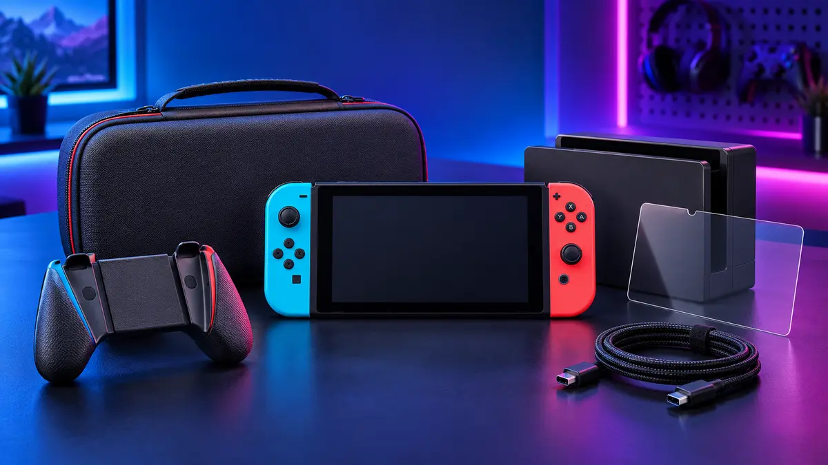 Nintendo Switch accessories including a carrying case, controller grip, charging dock, screen protector and cable