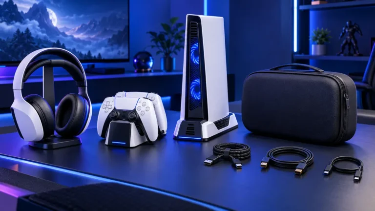PlayStation compatible accessories with controllers, charging dock, headset, cooling stand, case and cables