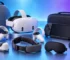 VR and handheld gaming accessories with headset, motion controllers, handheld console, cases, charging dock and lens cover