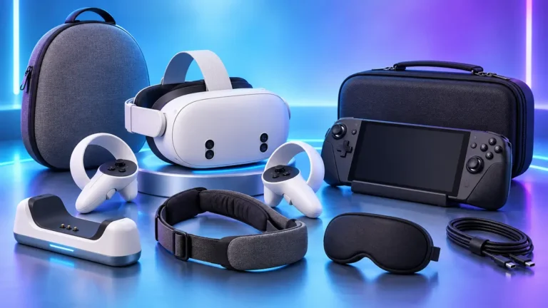 VR and handheld gaming accessories with headset, motion controllers, handheld console, cases, charging dock and lens cover