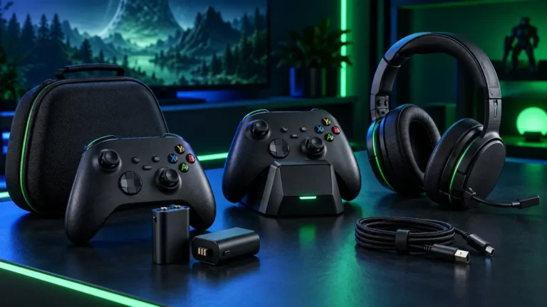 Xbox compatible accessories with controllers, rechargeable batteries, charging dock, headset, case and USB cable