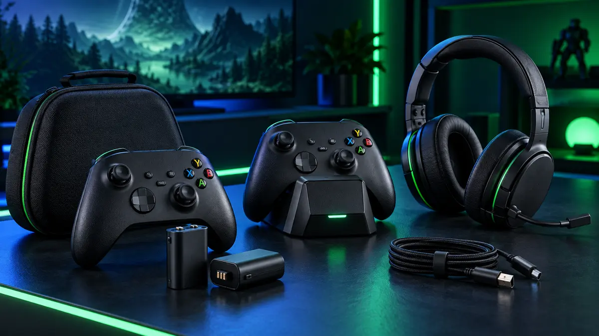 Xbox compatible accessories with controllers, rechargeable batteries, charging dock, headset, case and USB cable